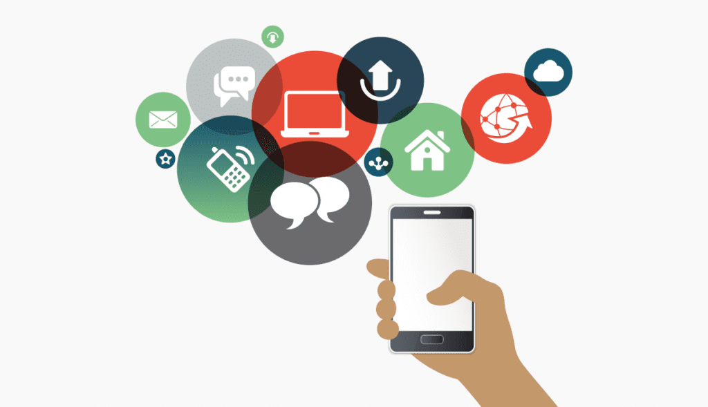 Illustration of a hand holding a smartphone with various communication and networking icons