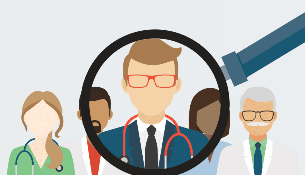 Illustration of a group of doctors with one in focus under a magnifying glass