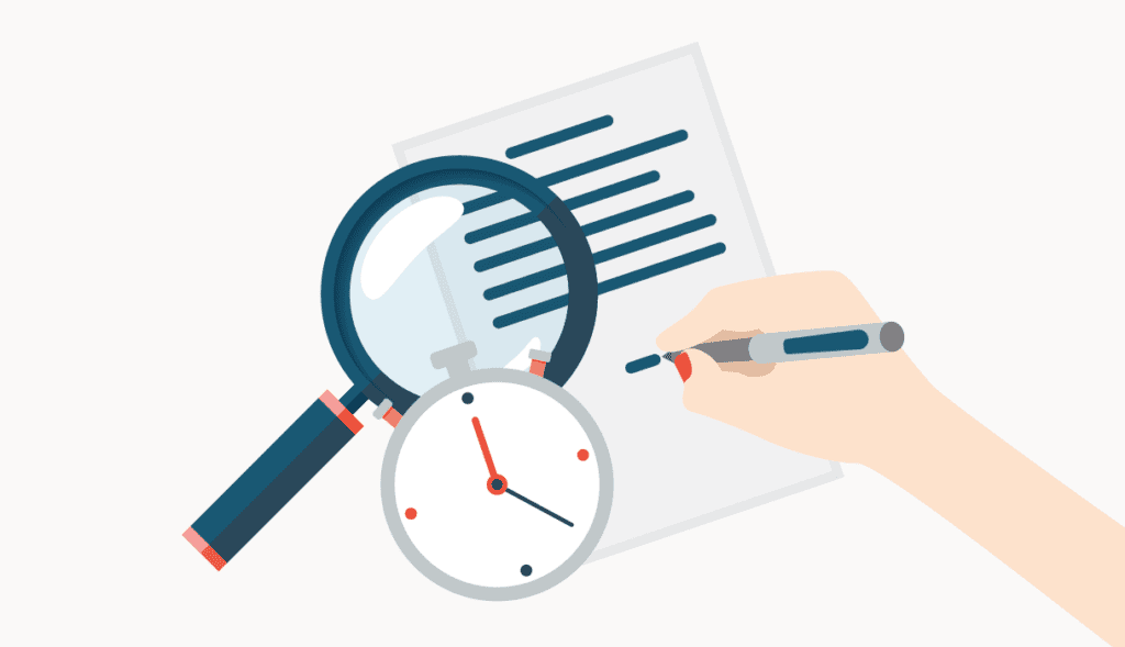 Illustration of a hand writing on a document with a magnifying glass and a stopwatch