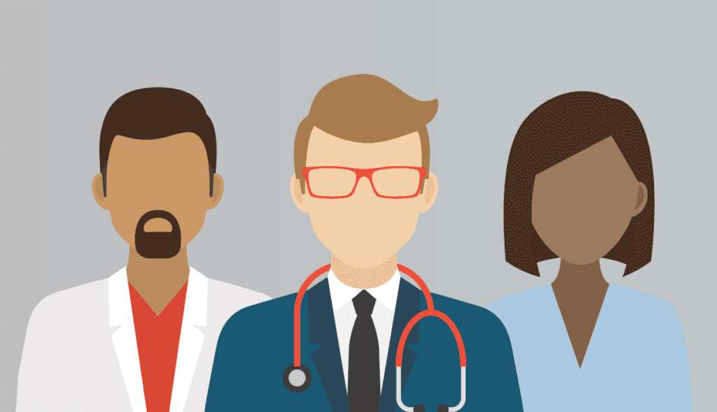 Illustration of three diverse healthcare professionals standing together