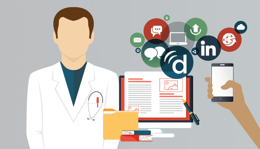 Illustration of a doctor standing next to digital tools and communication icons