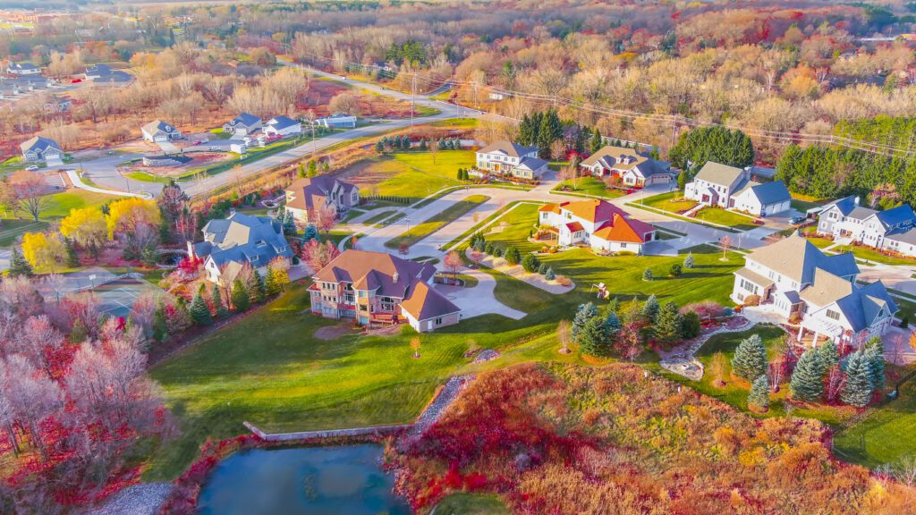 Aerial view of a suburban neighborhood