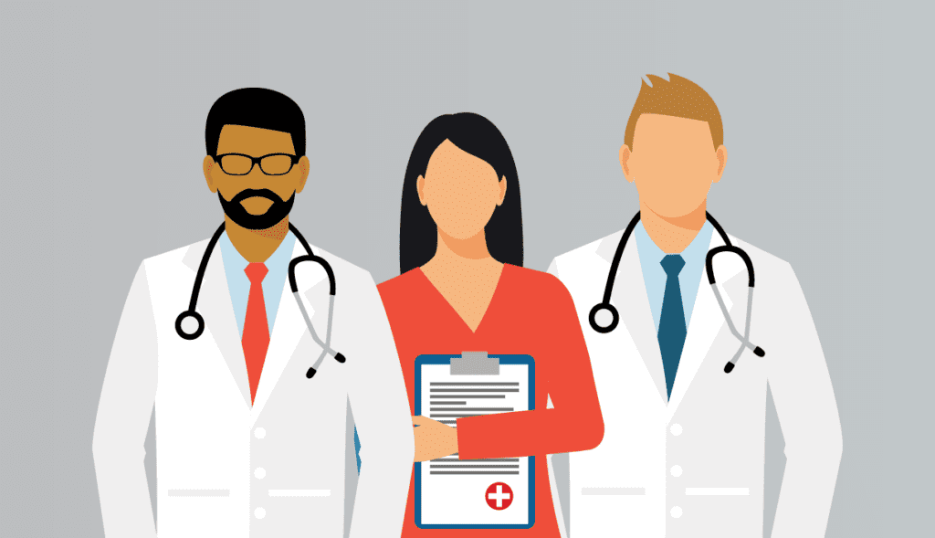 Illustration of two doctors and a woman holding a clipboard