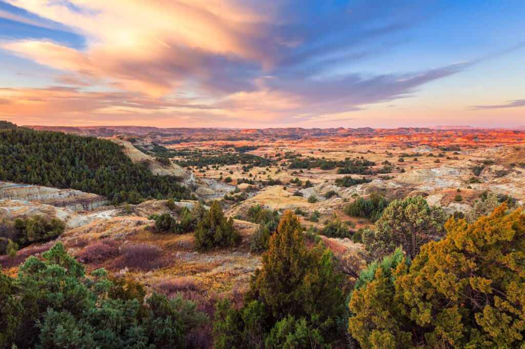 Stunning sunset over vast landscape of North Dakota