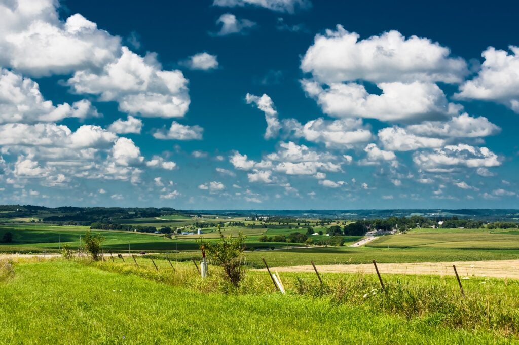 Lush green farmland under a blue sky with fluffy clouds