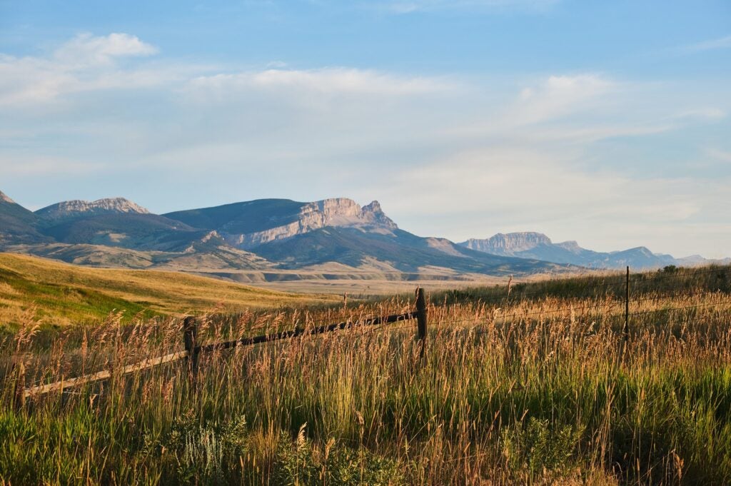 Rustic fence lining a grassy field with a backdrop of majestic mountains