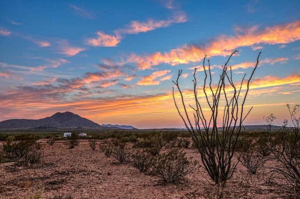 Desert landscape at sunset and distant mountains