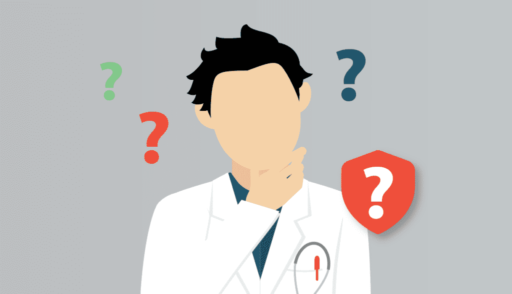 graphic of a doctor in a thinking pose, surrounded by question marks