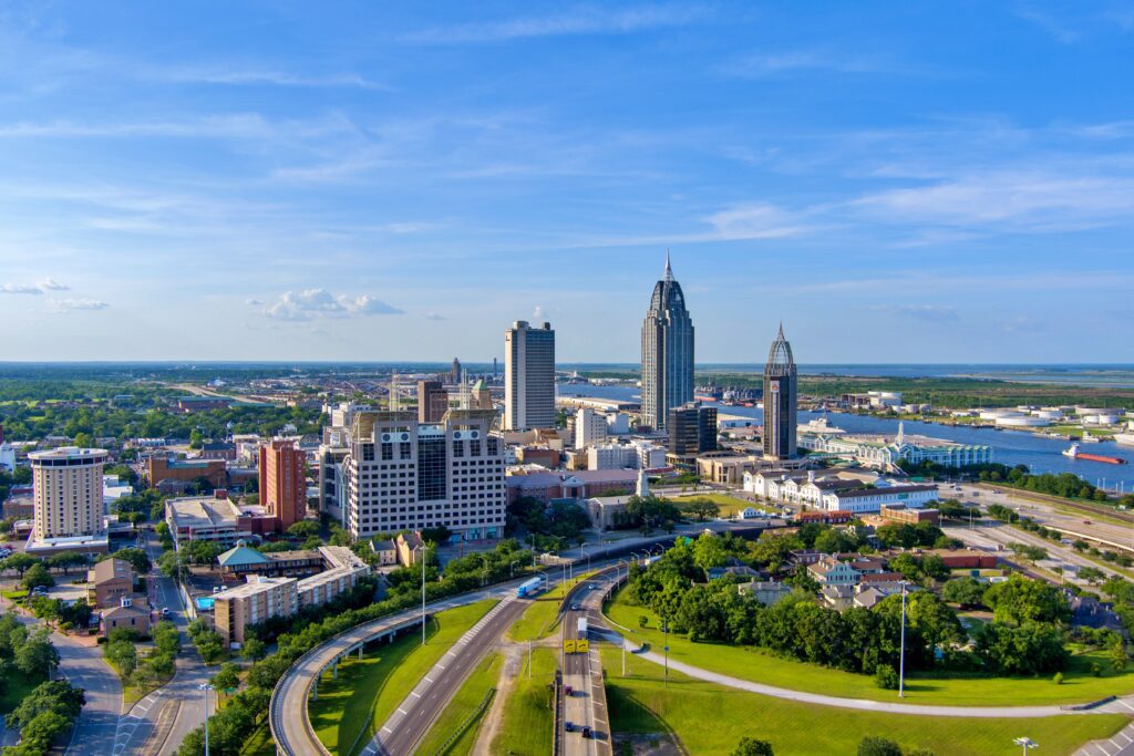 Aerial view of Mobile, Alabama skyline with tall buildings