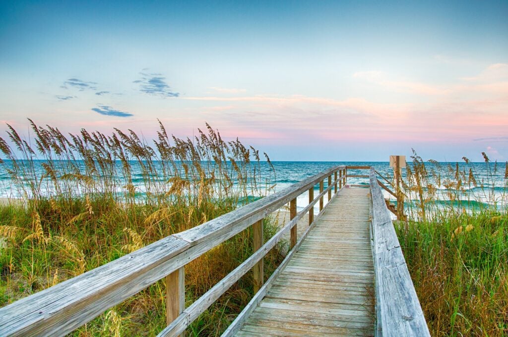 A wooden boardwalk leads through tall beach grass to the ocean