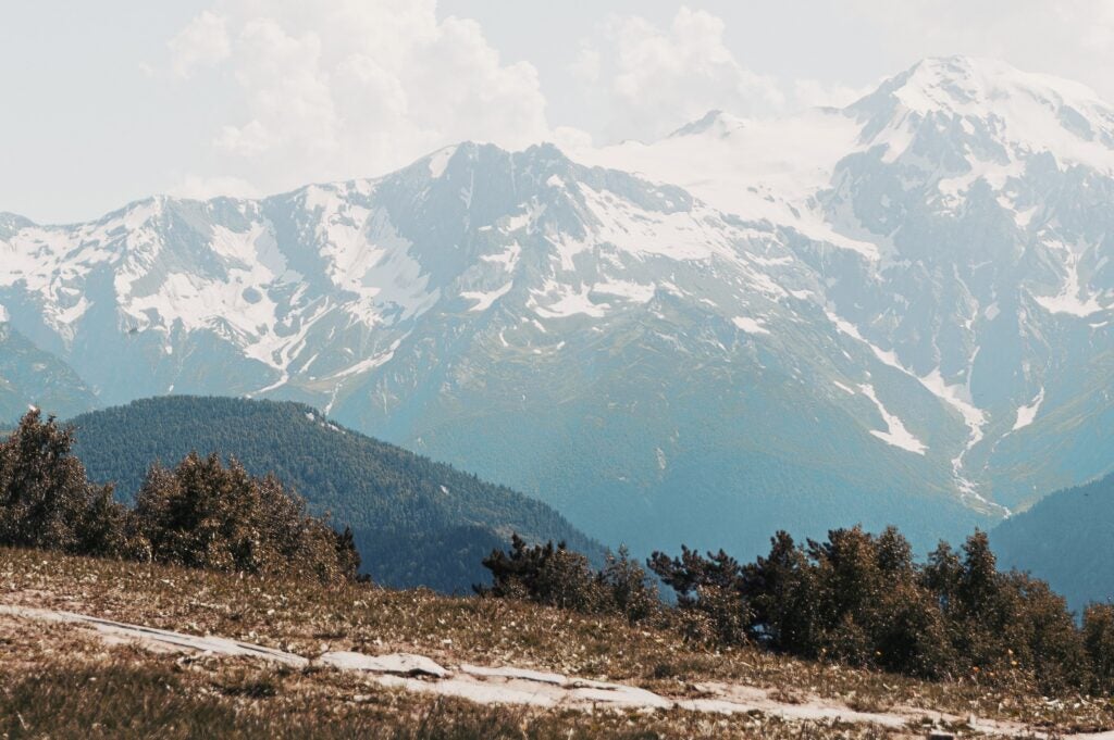 Scenic view of majestic snow-capped mountains and lush forests in Montana