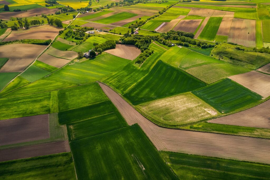 Aerial view of patchwork fields with various shades of green and brown, depicting agricultural land