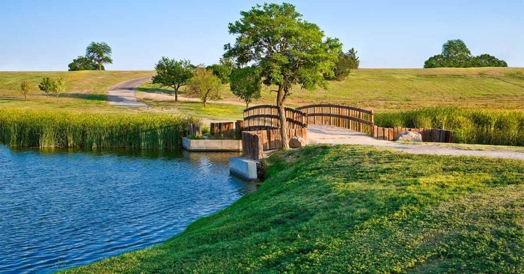 Wooden bridge over a serene pond with a lush green landscape and a clear blue sky